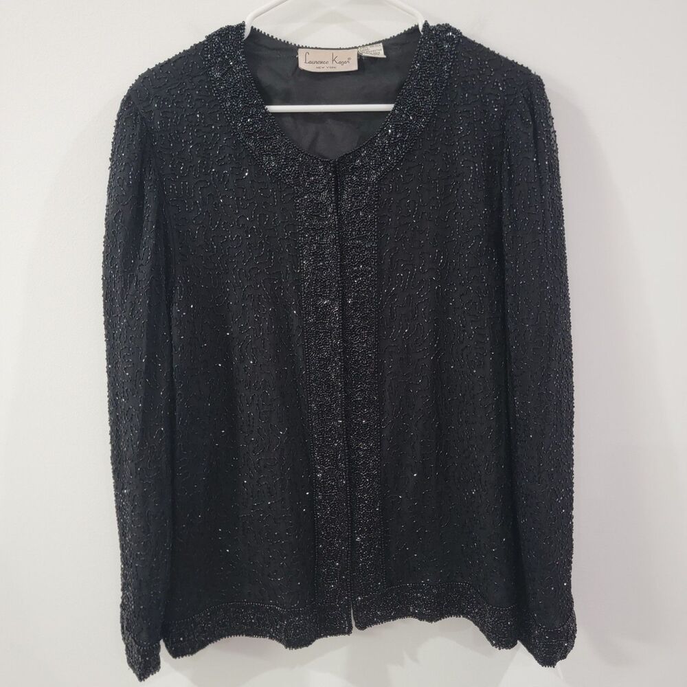 Laurence Kazar Womens Silk Beaded Jacket‎ Size Petite Large Black Hook And Eye